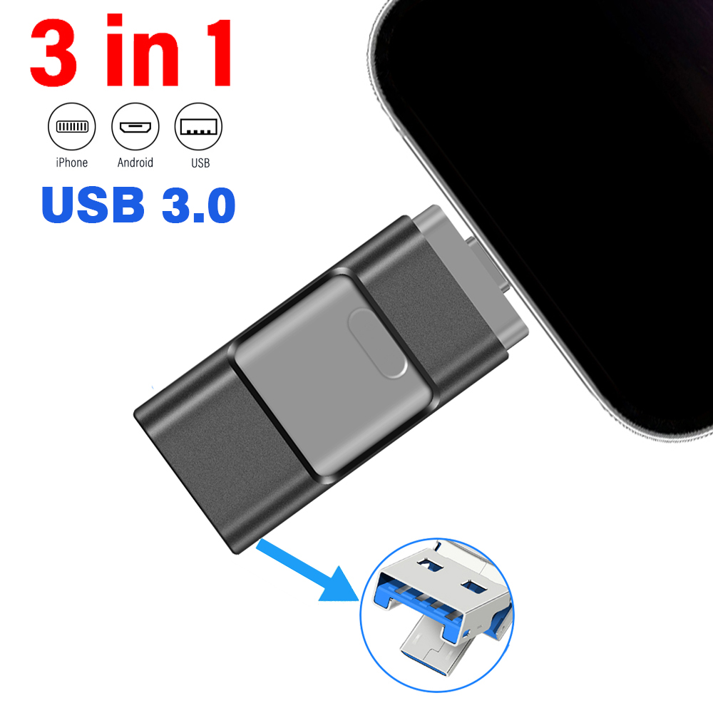 För iphone usb-minne 2tb 1tb usb 3.0 pendrive 3 i 1 mirco usb 3.0 512g 256gb 128/64/32gb minne usb-nyckel mfi-minne: Svart / 8gb