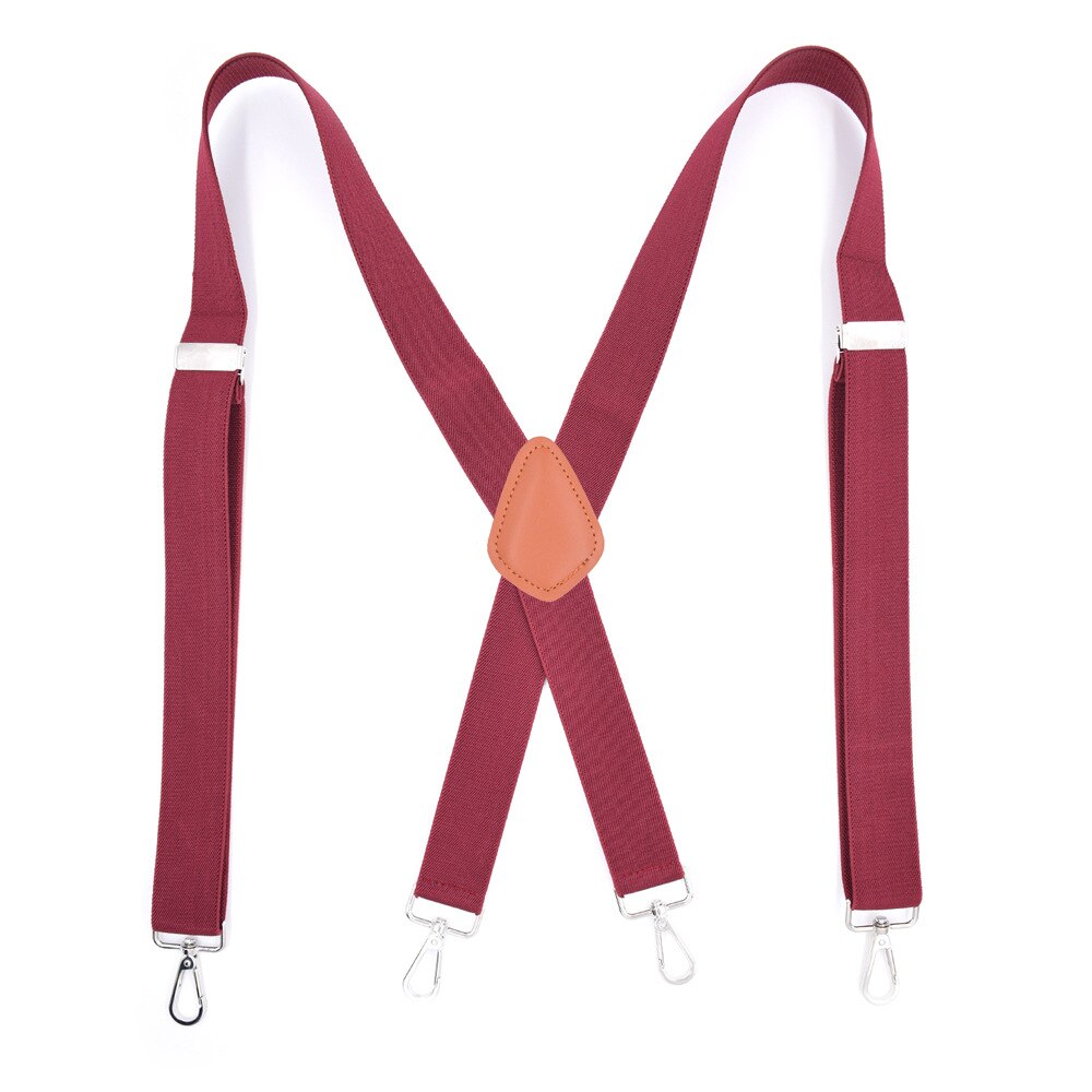 Brown Leather Suspenders with Swivel Hooks X Back 4 Metal Clips Adjustable Elastic Pant Jeans Braces for Men Favor: Wine Red