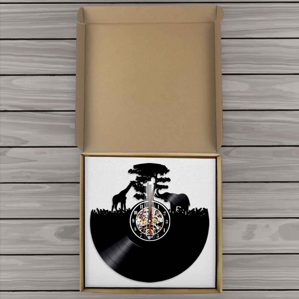 Griaffe Elephant Vinyl Wall Clock Africa Animal Handmade Craft Clock With LED Backlight Nursery Decor For Kids