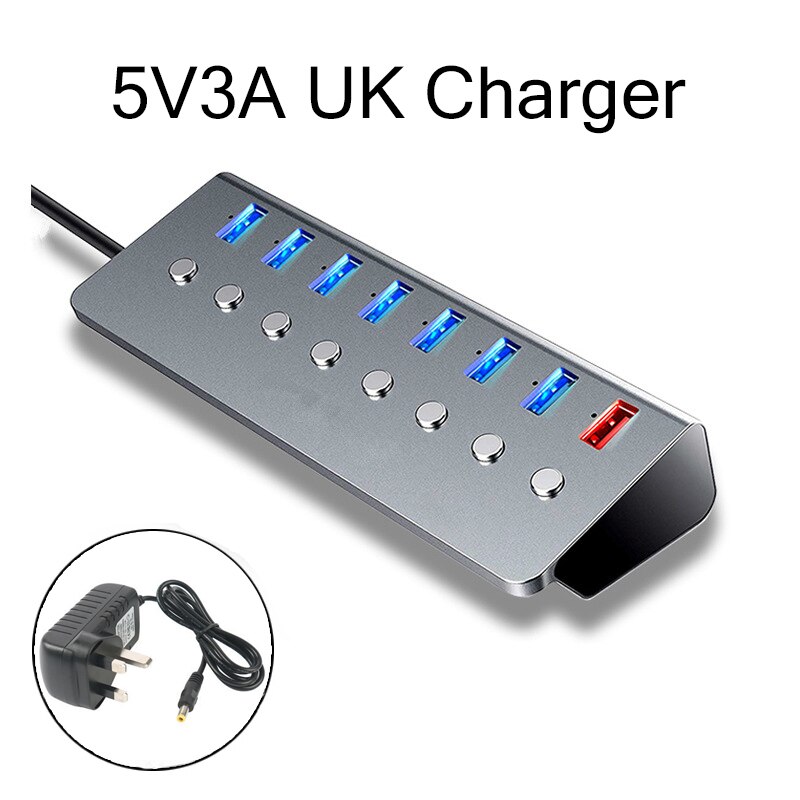 Aluminiumlegering 8-- poorts usb 3.0- splitter 7- poorts computer uitgebreide usb-hub 1- poorts snellaadadapter externe 5v 3a- voeding: Met britse oplader
