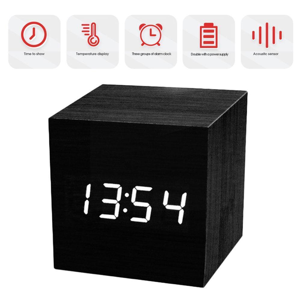 Relojes multifunción LED de madera, reloj despertador de mesa, Control de alarma de escritorio, decoración de madera , voz electrónica Digital, Tabl C1O2