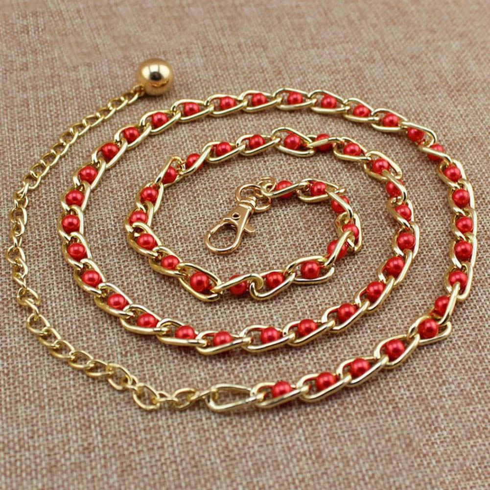 Women's Candy Color Pearl Beads Metal Thin Waist Belts Luxury Brand Harajuku Slim Chain Belt Dress Accessories Cinturon Mujer