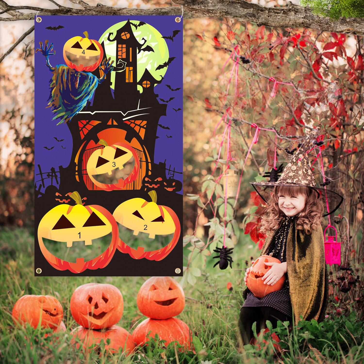 Besegad Halloween Gioco di Lancio kit Gonfiabile ragno Cappello Anello lanciare impostato con Sacchi di fagioli Lancio Gioco impostato per la Festa di Halloween forniture