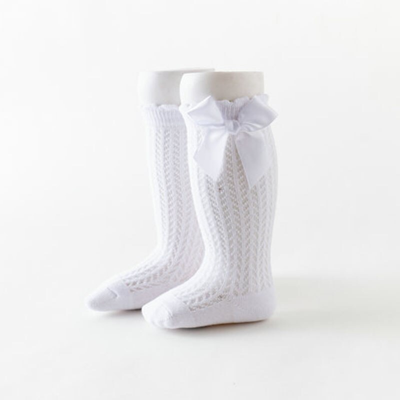 Chaussettes d'été pour bébé fille, avec nœuds, en maille, pour -né, hautes, respirantes, couleur unie, douces, en coton, pour nourrissons: white