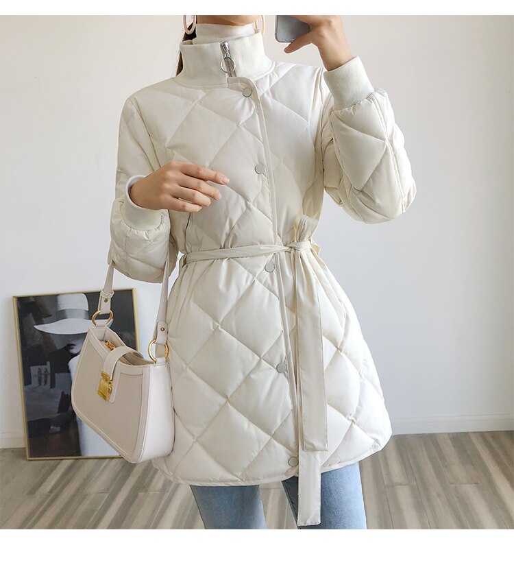 femmes longue doudoune hiver col montant Plaid blanc canard vers le bas manteau femme mince avec Blet Parkas Outwear