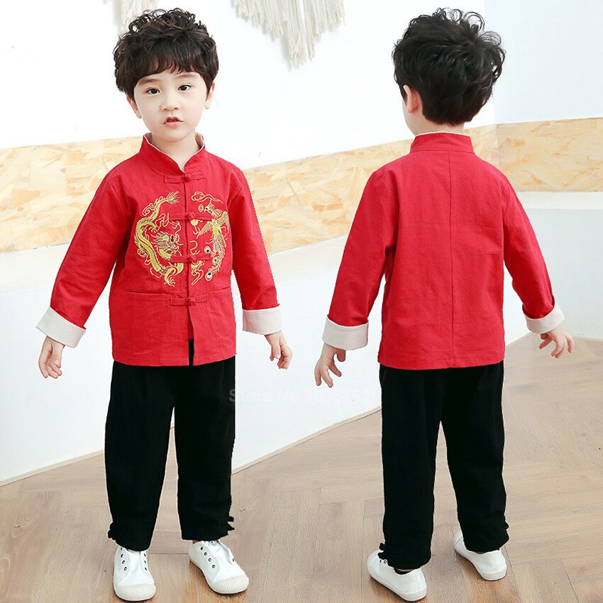 Hauts chinois pour enfants, costume Tang, Dragon Emboridey Hanfu, pour bébé fille et garçon, vêtements de nouvel an, chemise, vêtements traditionnels pour hommes, veste de fête
