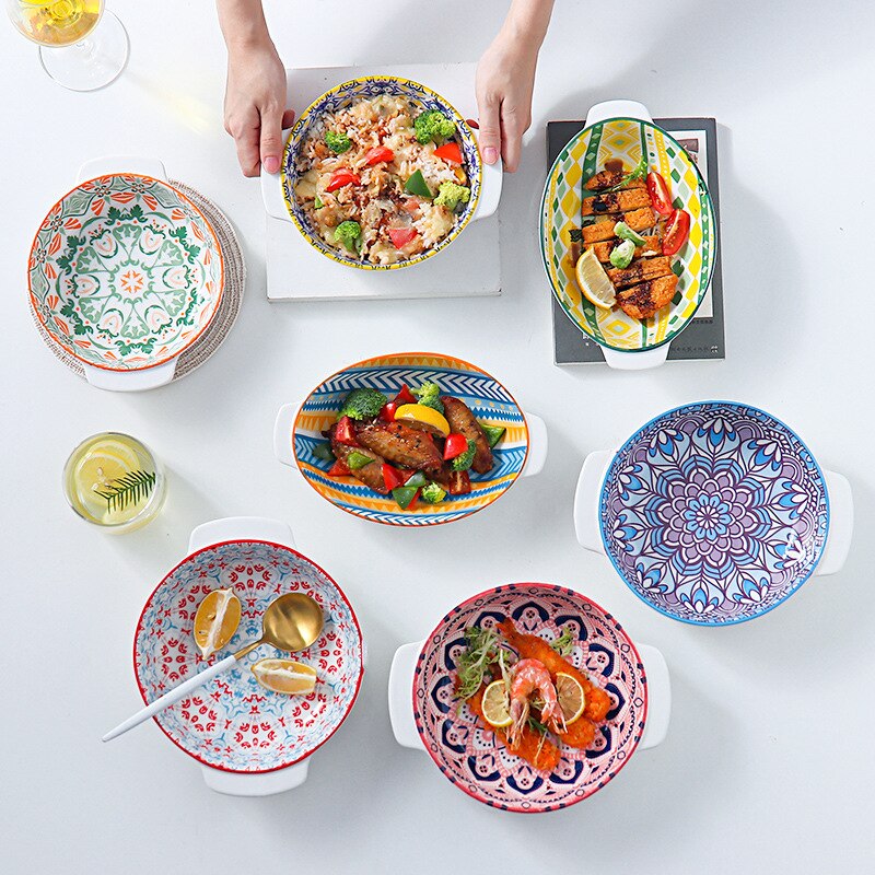 11 Inch Artistic Round Baking Bowl Binaural Cheese Risotto Plate Cutlery Baking Tray Plates for Food Christmas Plate