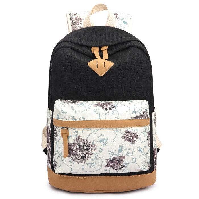 Vrouwelijke Vintage Bloemen Rugzak Canvas Tas Meisjes School Rugzak Vrouwen Rugzak Kinderen Schooltassen Rugzakken Voor Meisjes Schooltas: black