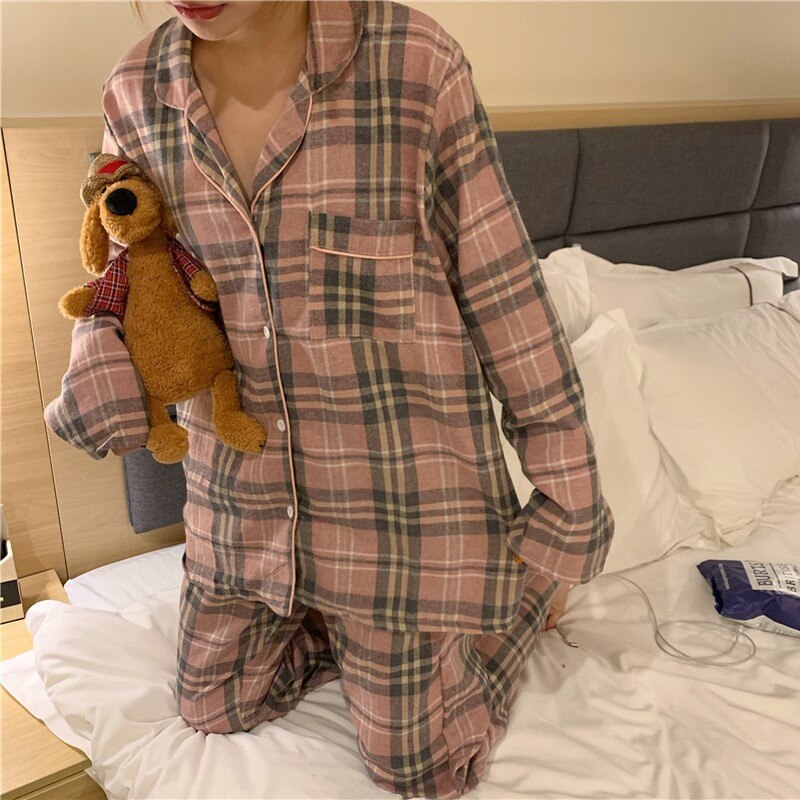 Xifer forår og efterår koreansk version af det børstede gitter komfortabel par pyjamas langærmede bukser home wear sæt