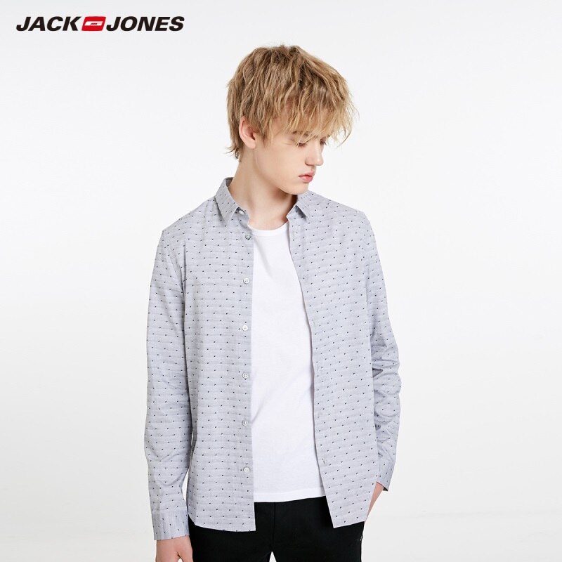 JackJones Men's Slim Fit Basic 100% Cotton Jacquard Long-sleeved Shirt Menswear| 219105578: LIGHT GREY MELANGE / M