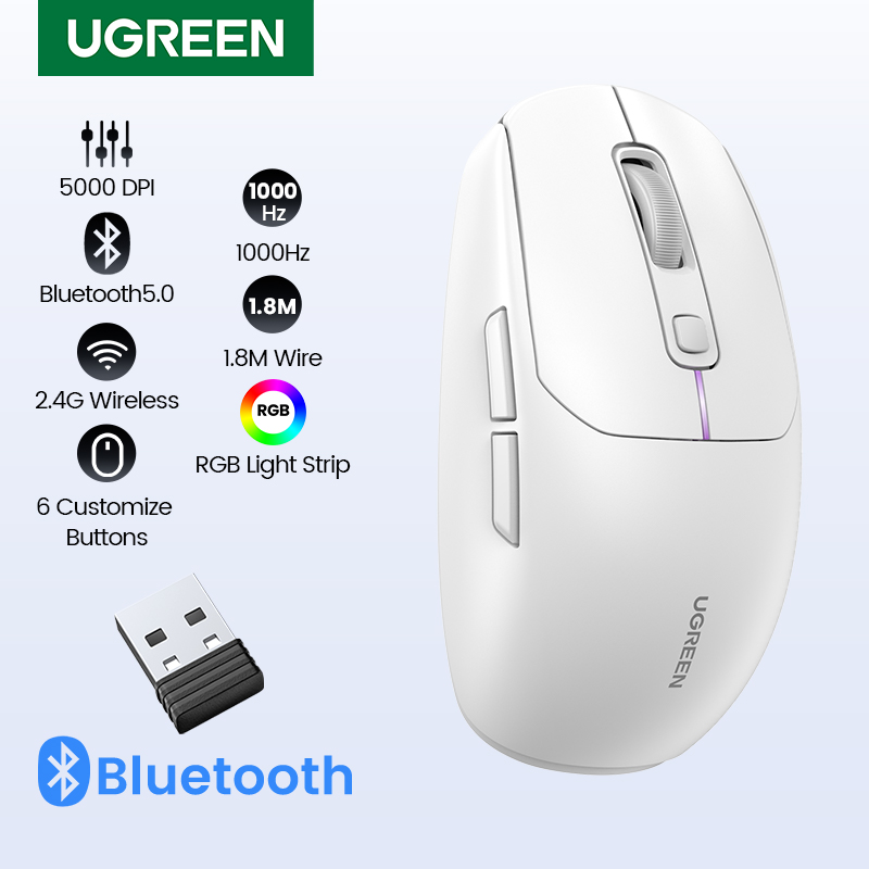 UGREEN Gaming Mouse 5000DPI Wireless Mouse Bluetooth 5.0 2.4G Wired Rechargeable Gamer Mice 6 Buttons For MacBook Tablet Laptops