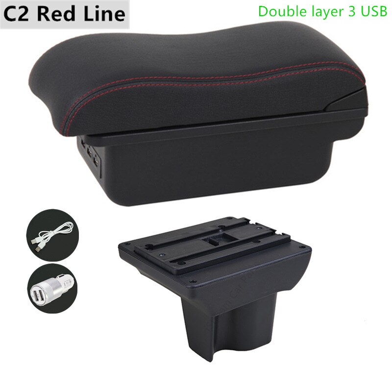 Auto Armleuning Box voor Toyota Rush - ABS Leer Opbergunit met USB & LED - Interieur Accessoire: C2 Rode Lijn