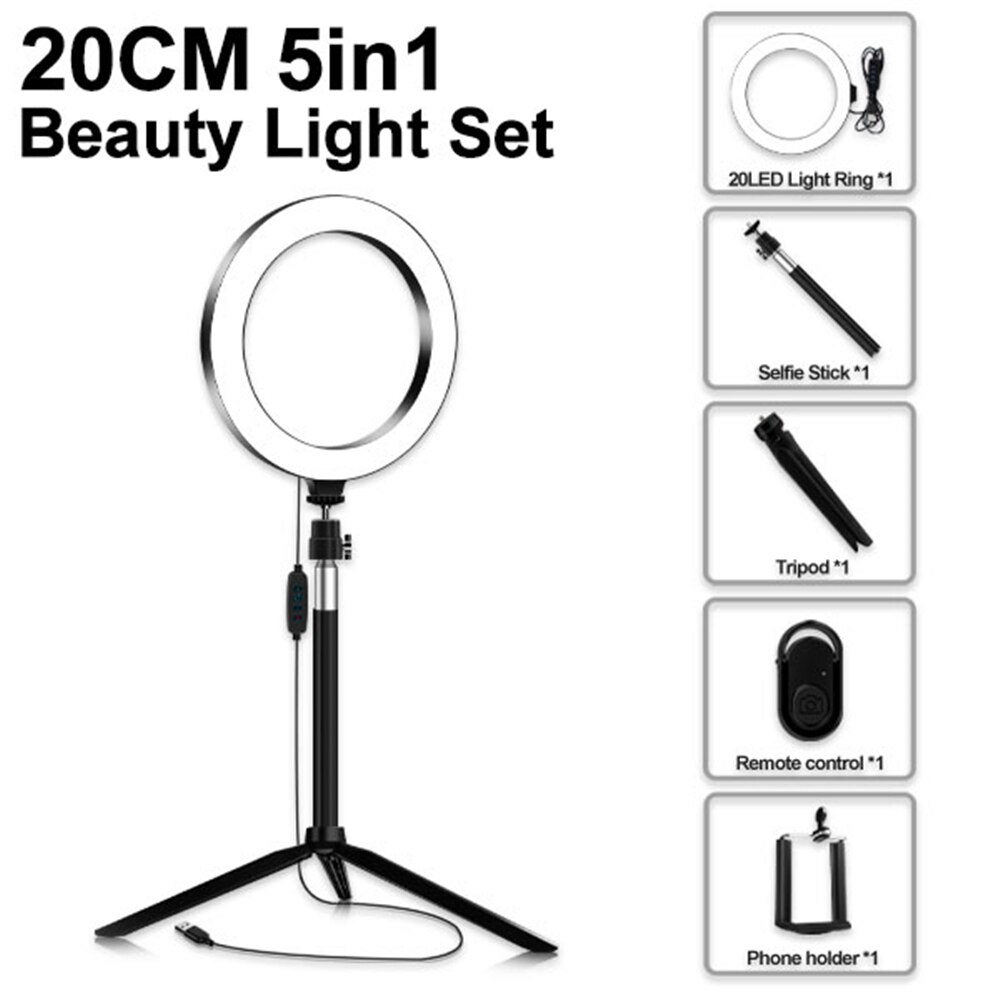 5 in 1 LED Ring Light Set 20cm Dimmable USB Lamp For Photo Video Studio Makeup Telescopic Tripod Selfie Stand