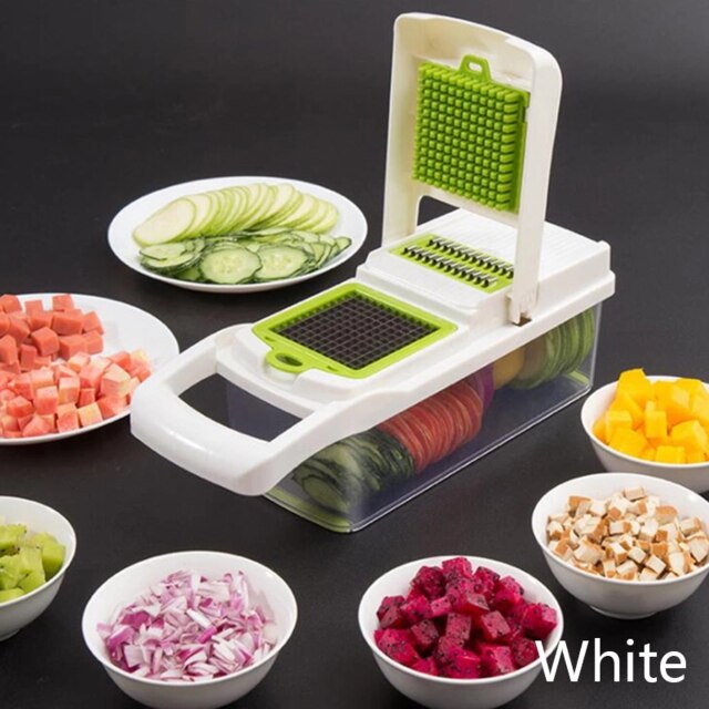 Cortador de vegetais multifuncional, ralador, fatiador de frutas, cesta de drenagem, 8 em 1, acessórios de cozinha, utensílios, imperdível: Branco