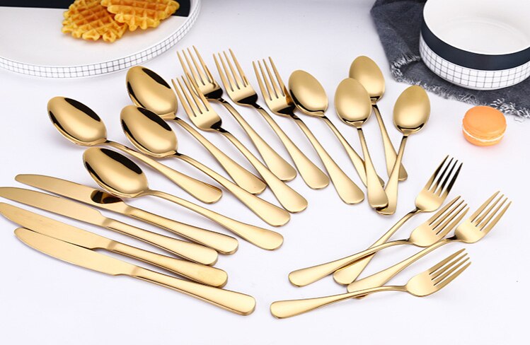 20PC Stainless Steel Cutlery, Mirror Polished Western Cutlery Set Golden Color Steak Cutlery Exquisite Cutlery Set
