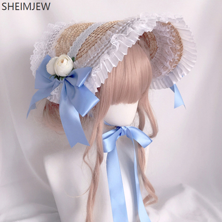 Moda Lolita Cappello di paglia di pizzo Fiore pastorale francese Cappello da sole Gioco di ruolo Ragazza Lolita Multicolor Coreano Vacanza al mare Berretto piatto 2025