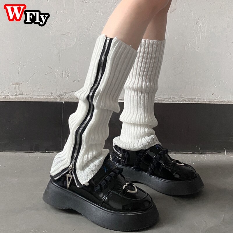 Jambières gothiques Lolita avec fermeture éclair, couvre-pieds Harajuku, bas en tricot pour femmes et filles, couvre-pieds chauds d&#39;hiver: white