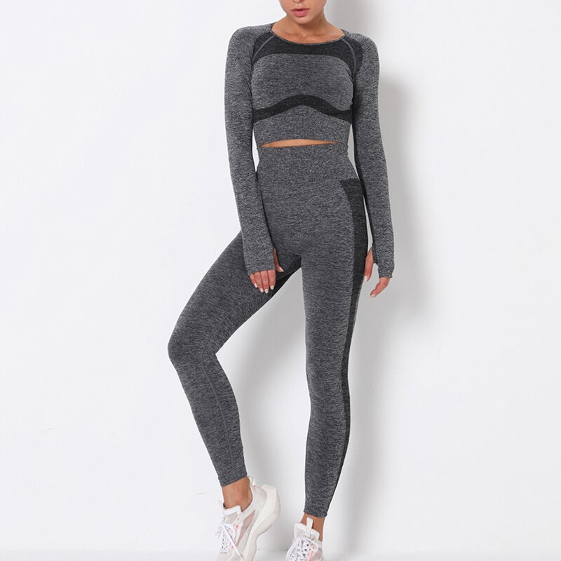 Vrouwen Naadloze Yoga Set Gym Kleding Fitness Hoge Taille Leggings + Cropped Shirts Sport Pak Lange Mouwen Trainingspak dragen: gray / L