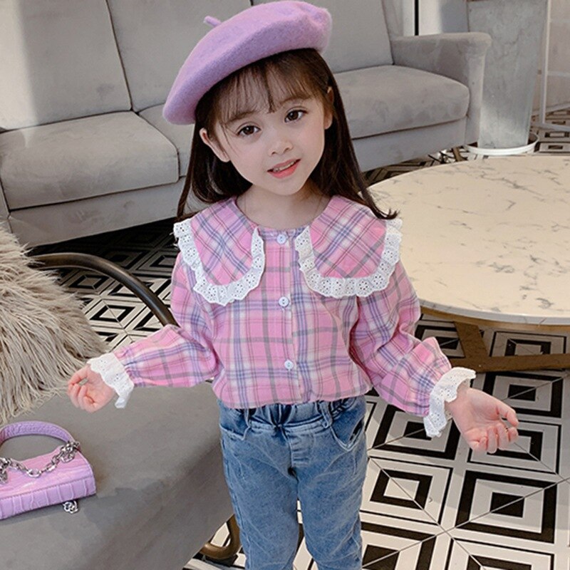 Primavera y otoño bebé recién nacido camiseta de niñas de encaje de cuadros lindo Blusa de algodón de manga larga Top ropa Toddle 1-12M 1-2Y