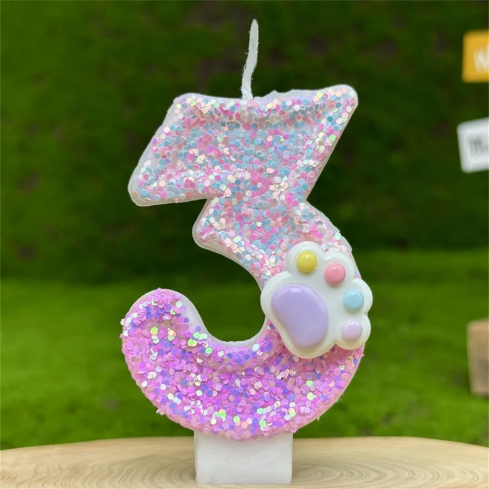 3D Number Candles Cake Decorating Glitter Pink Claw Theme Number Candles Cake Topper Birthday Party Cake Decoration: cameo