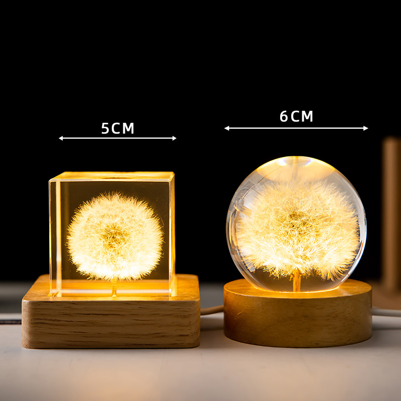 Bola de cristal de diente de león 3D, 5cm, 6cm, luminosa, de flores de inmortalidad, bola de cristal, soporte de madera, Base, bola de esfera de flor preservada