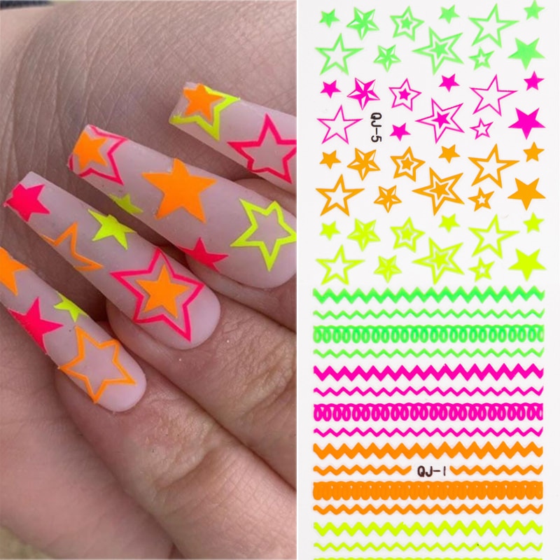 1 Stuks Zelfklevende 3D Nail Stickers Zomer Neon Diamant Lijnen Stars Transfer Decals Diy Nails Art Decorations Wraps Manicure
