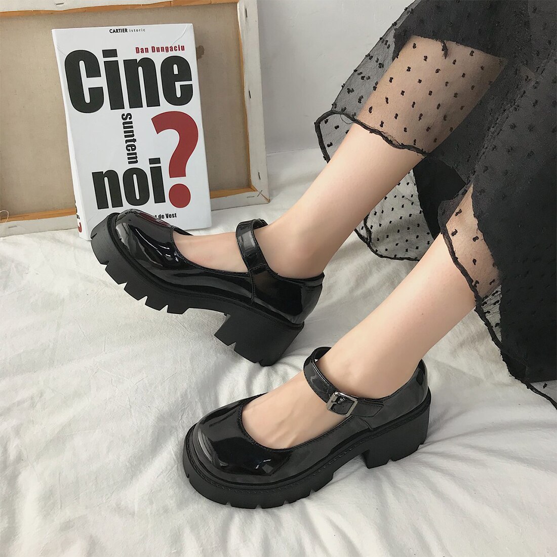 Sorte høje hæle sko kvinder pumps lak platform sko kvinde rund tå mary sko botas mujer: 1 / 37