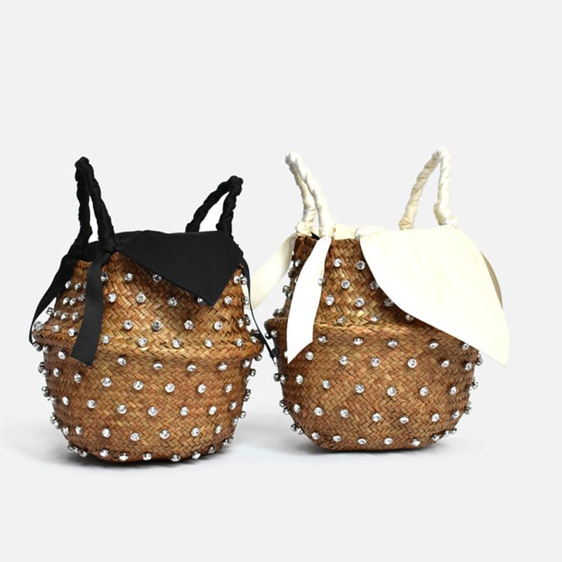 Bolso de paja adornado a mano, bolso playero para vacaciones de verano con perlas, bolso de punto para mujer, bolso de con diamantes, bolsos de mano populares