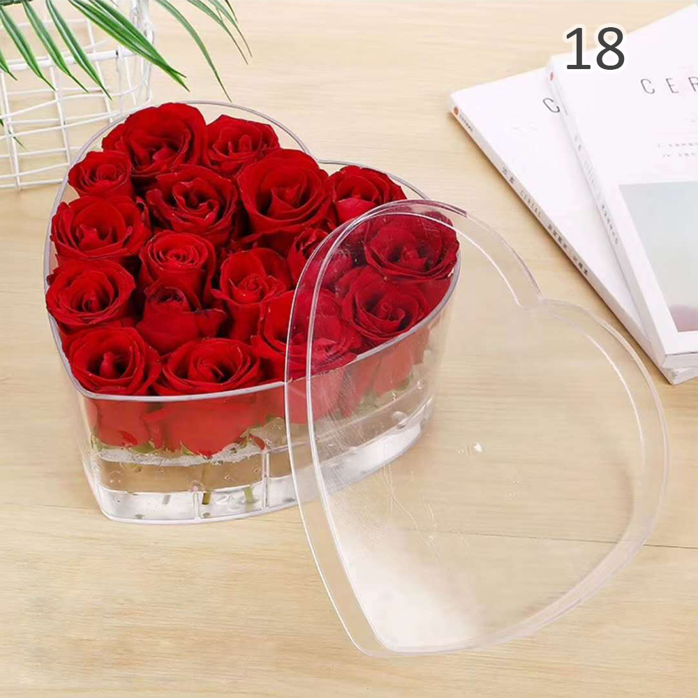Heart Clear Acrylic Eternal Flower Boxes +Lid Transparent Rose Flower Packaging Florist Makeup Organizer Valentines Day DIY: 18 holes