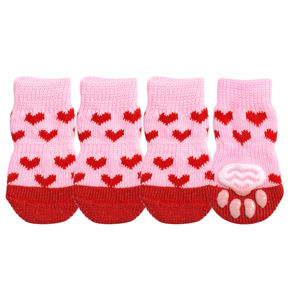 4 stk / parti hundesko dejlige varme hundesokker anti-slip hvalp kat strikestrømper søde tegneserie print katte hunde støvler vintertøj