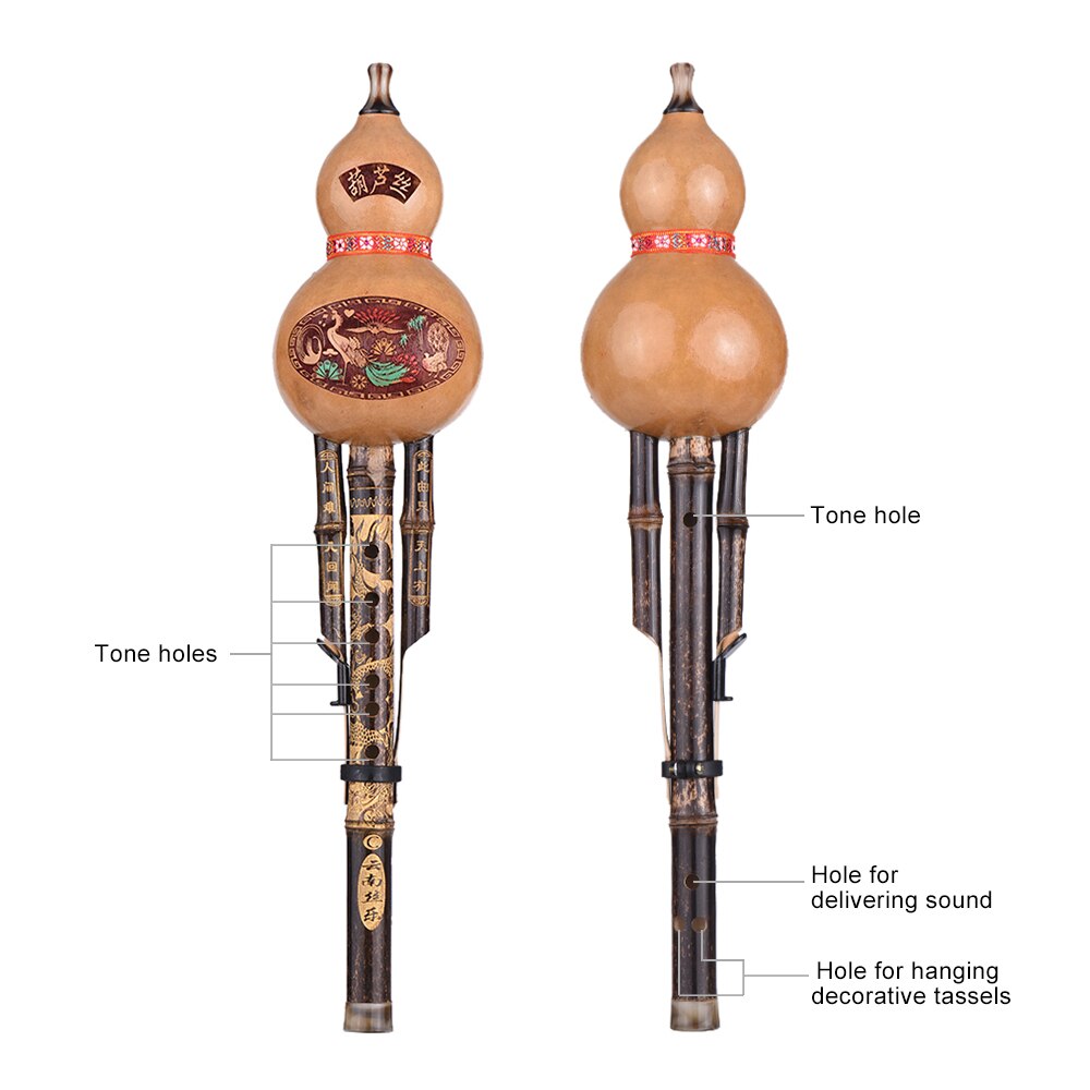 Kinesisk handgjord hulusi svart bambu kalebass cucurbit flöjt etnisk musikinstrument nyckel av c med fodral för nybörjare musikälskare