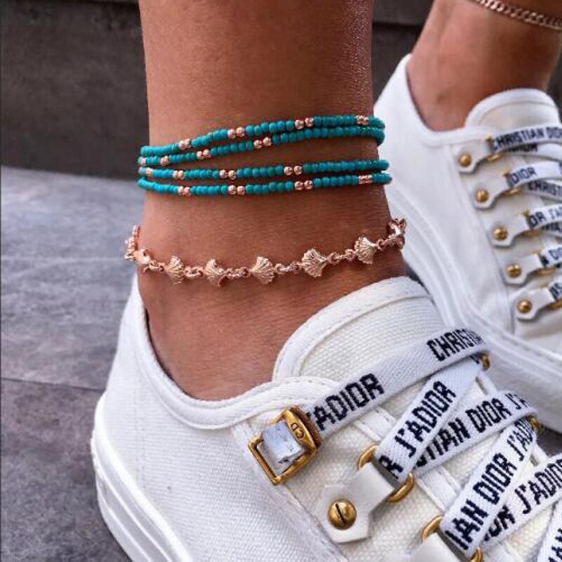 5 Stks/partij Blauw Turkoois Kralen Enkelbandje Armband Op De Been Goud Kleur Shell Multilayer Enkelbanden Voor Vrouwen Strand Voet sieraden