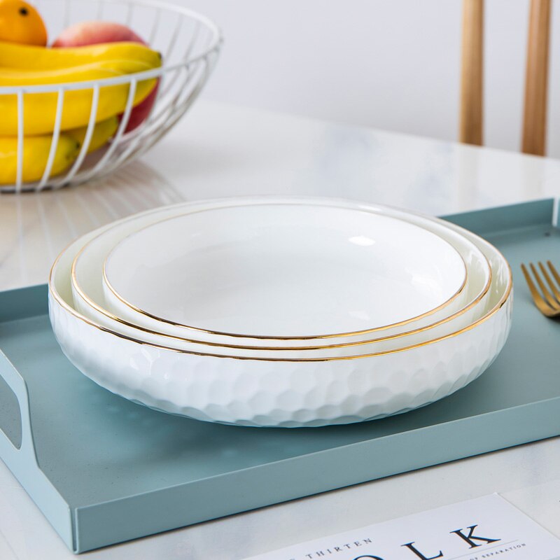 Golden Rim Bone China Dinner Plate Household White Deep Plate Ceramic Dumpling Plate Hotel Tableware Kitchen Supplies