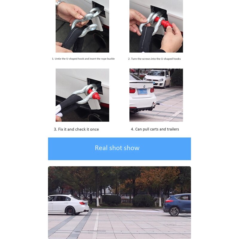 Novel-Towing Rope Strape Cable with U Hooks 5M 12Tons Shackle High Strength Nylon with Reflective Light for Car Truck Trailer