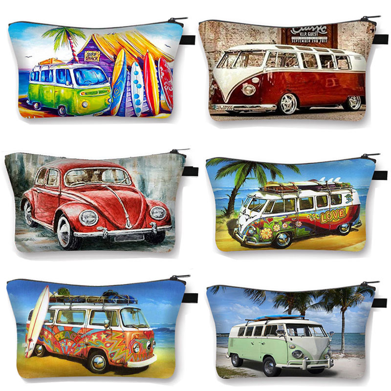 Gekleurde Auto &#39;S Op Seaside Vacation Cosmetische Vrouwen Make-Up Tas Britse Auto Meisjes Opbergzakken Dames Draagbare Cosmetische Case