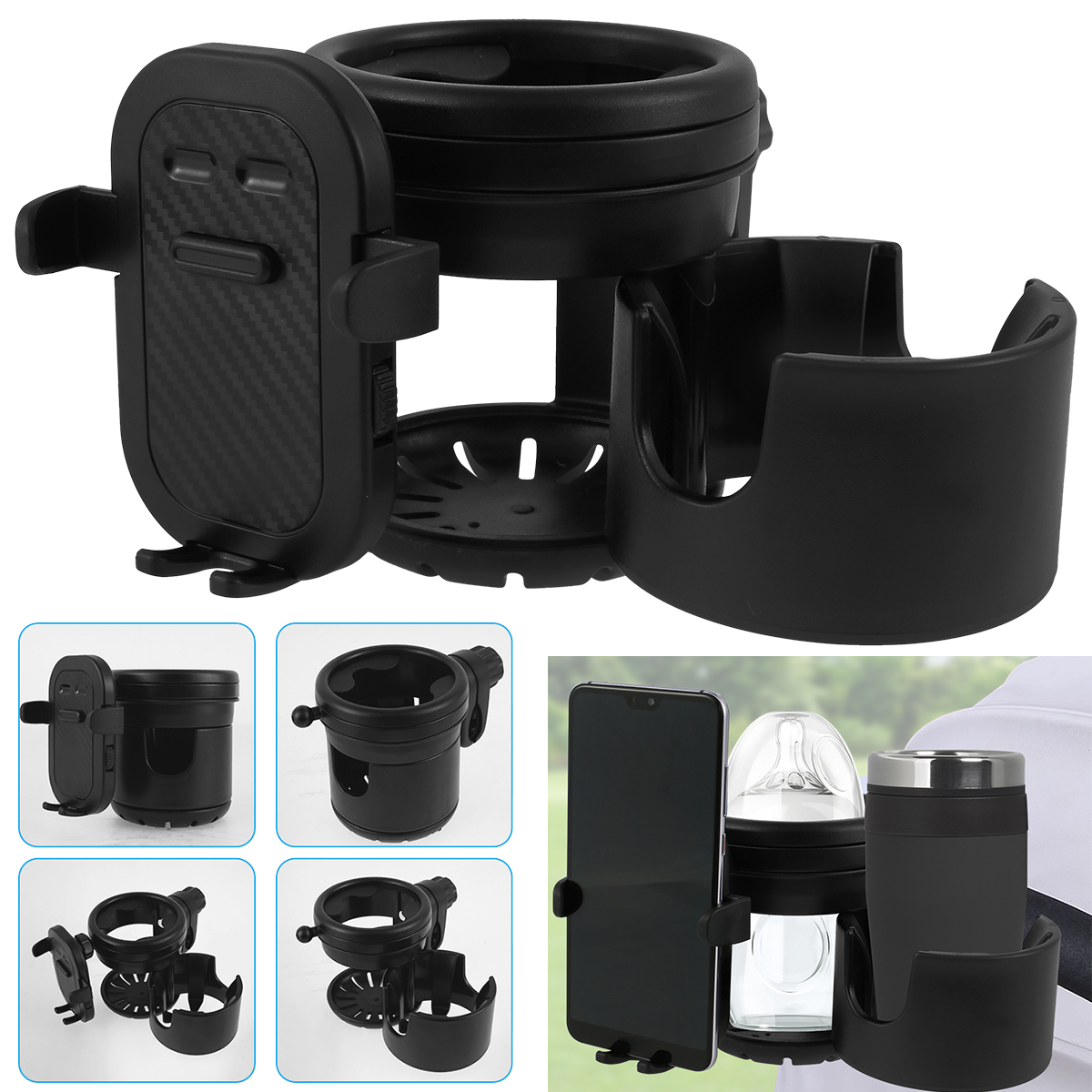 Kinderwagen Bekerhouder Universele Kinderwagen Waterflesstandaard 360° ° Roterende telefoonhouder Dubbel gat Babyauto's Organizer Cup Rack