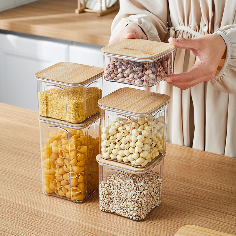 PET Plastic Food Sealed Storage Box with Bamboo Lid Coffee Beans Pasta Kitchen Storage Containers Household Kitchen Organizers