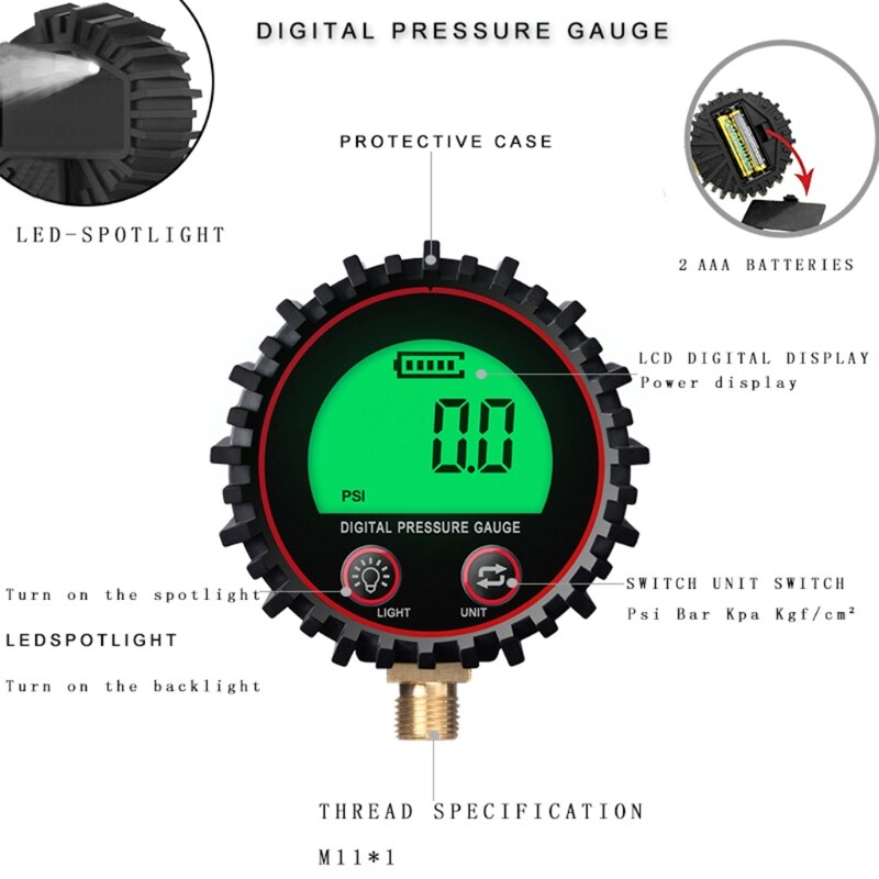 Digital air pressure gauge, battery powered, with led light , 0-255 psi accuracy, 1%  professional gauges
