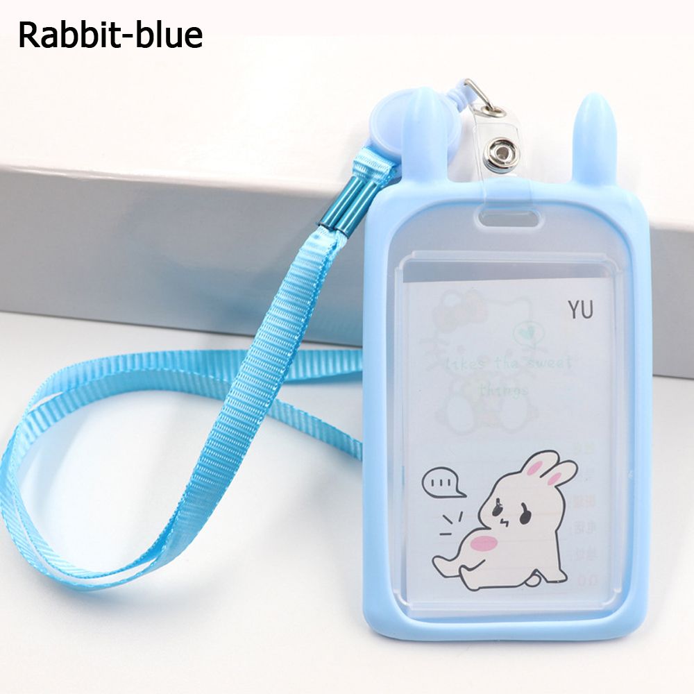 1PC uroczy kreskówkowy kot posiadacz karty banku tożsamości kartę komunikacji miejskiej dowód osobisty rękaw pokrowca z zwijacz smycz kredytowej pokrywy skrzynka dla dzieci prezent: niebieski-królik