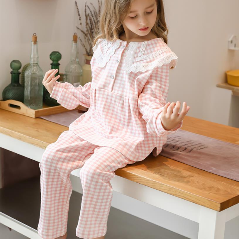 2 stk / sæt børn pyjamas baby piger blonder nattøj lange ærmer plaid slid børn hjemme tøj pige tøj prinsesse  ws1407