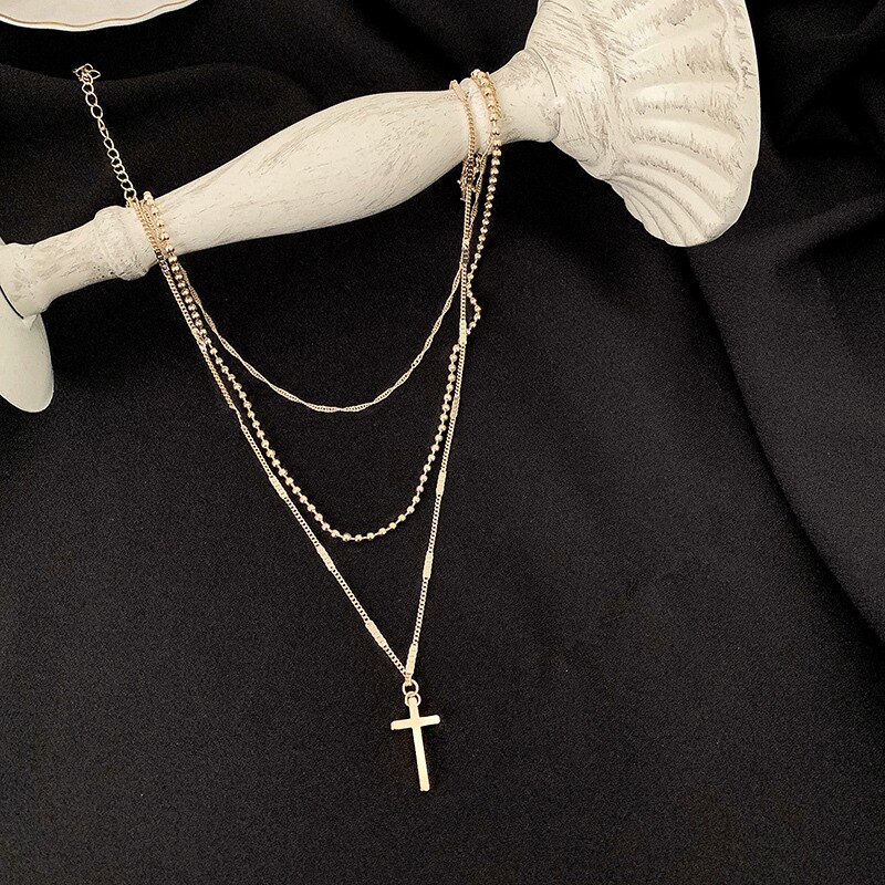 Einfache Multi-schicht Gold Kreuz Kette Anhänger Halskette Übertreiben Punk frauen Perlen Halsband Damen Partei Schmuck Mädchen