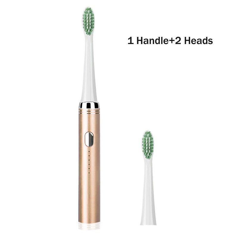Ultrasonic Electric Toothbrush Adult Set Stainless Steel Waterproof Powerful Electric Toothbrush Sonic USB Charger Whitening: gold 2 heads
