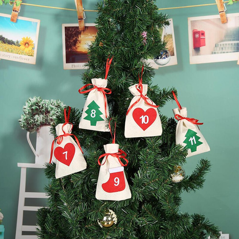 Stof jul nedtælling adventskalender slikposer hængende år julefest dekoration 11 x 16cm