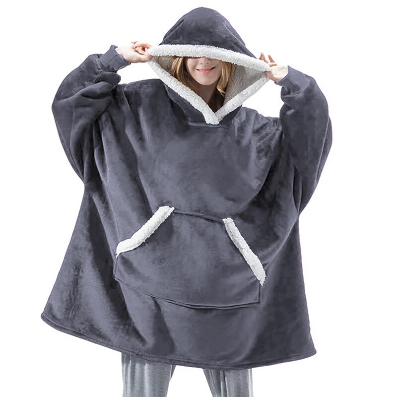 Winter Hooded Hoodie Women Fleece Long Sweatshirt Winter Clothes Flannel Pullovers Female Indoor Blanket with Sleeve Pajamas: Color 1