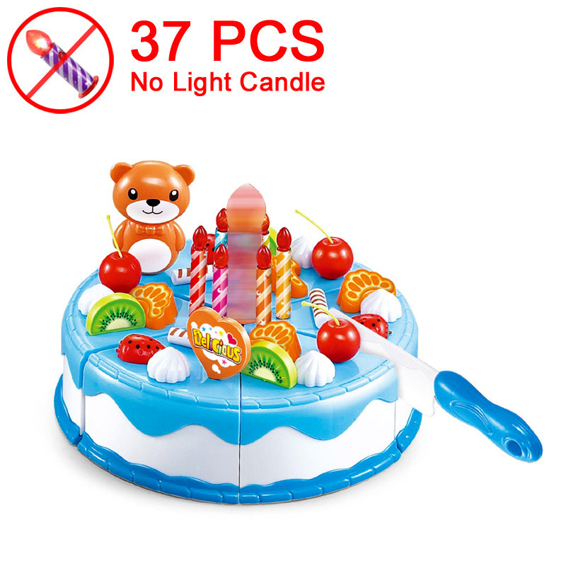 37-80PCS DIY Fruit Cutting Pretend Play Birthday Cake Girls Kitchen Food Toys Cocina De Juguete Pink Blue Toy For Children: 37 Blue NO Candle