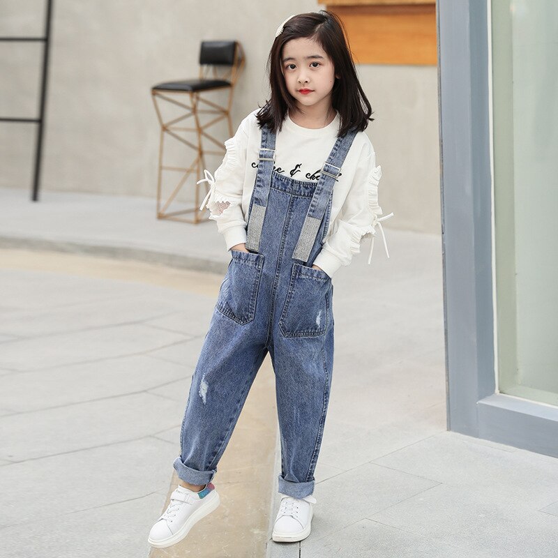 Flickoverall barn denim jumpsuit barn overall jeans vår höst jeans byxor cowboyfickor ytterkläder 6-16t