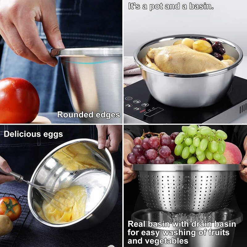 Edelstahl Sieb & Küche Schüssel Set für Salat Obst Gemüse Reis Waschen Ablassen, Stapelbar Siebe Mesh,26cm