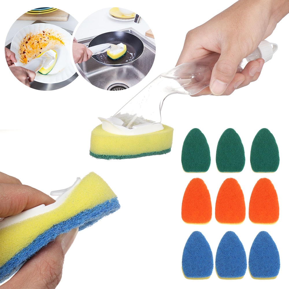 Replaceable Cleaning Brush With Refill Liquid Handle Scouring Pad Sponge Brush Dispenser Dish Scrubber Home Washing Tool