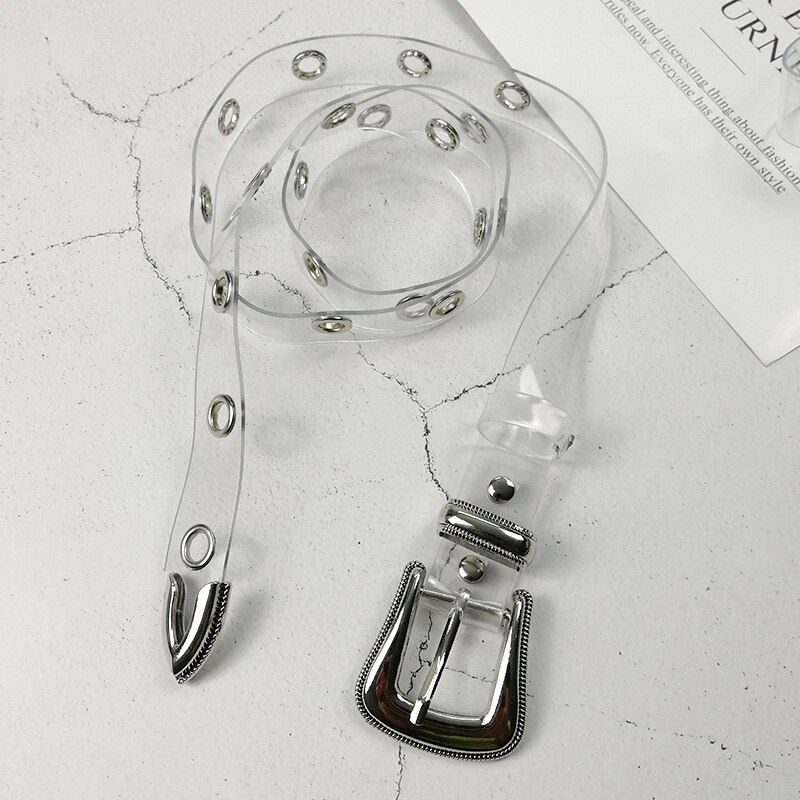 Transparent bälte vintage midjebälten för kvinnor vitt genomskinligt bälte cinturon mujer plast midjeband pvc cintos: Vitt bälte i metall