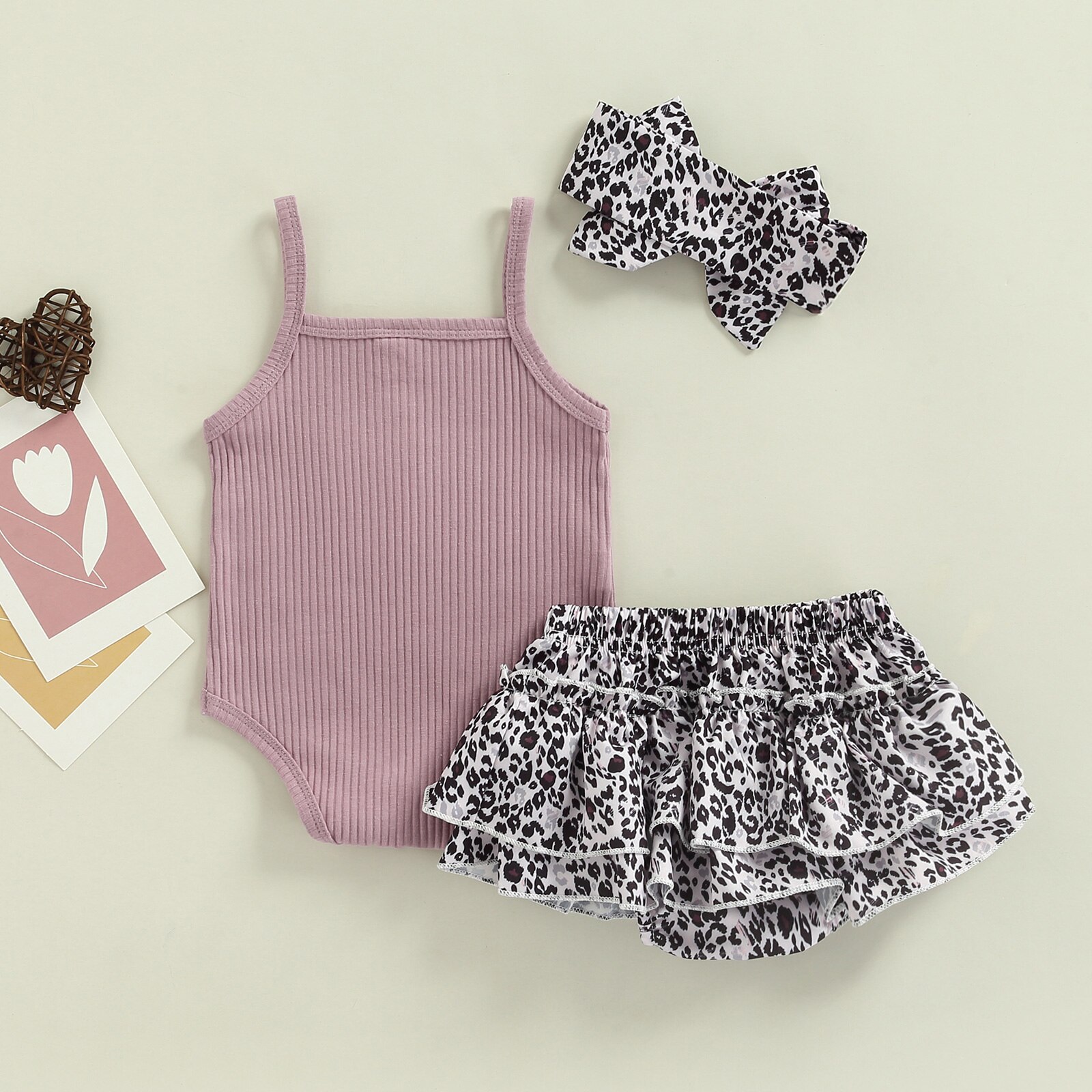 Baby Baby Meisje Driedelige Romper Set Spaghetti Band Mouwloze Romper + Luipaard Gedrukt Romper Rok + Hoofdband